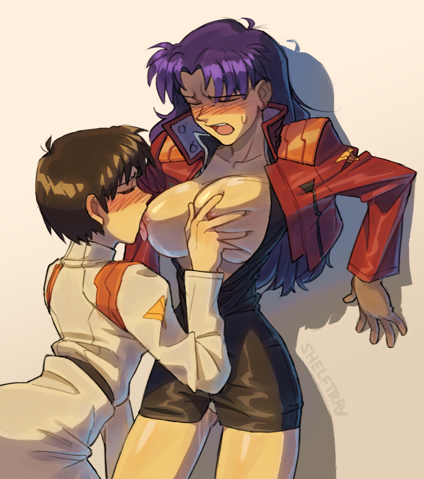 1121shelftray 2girls artist_name black_dress blush breast_sucking brown_hair closed_eyes collarbone dress grabbing_another&#039;s_breast groping highres ibuki_maya jacket katsuragi_misato long_hair multiple_girls neon_genesis_evangelion open_clothes open_jacket open_mouth purple_hair red_jacket short_dress short_hair simple_background sweatdrop tongue white_background yuri
