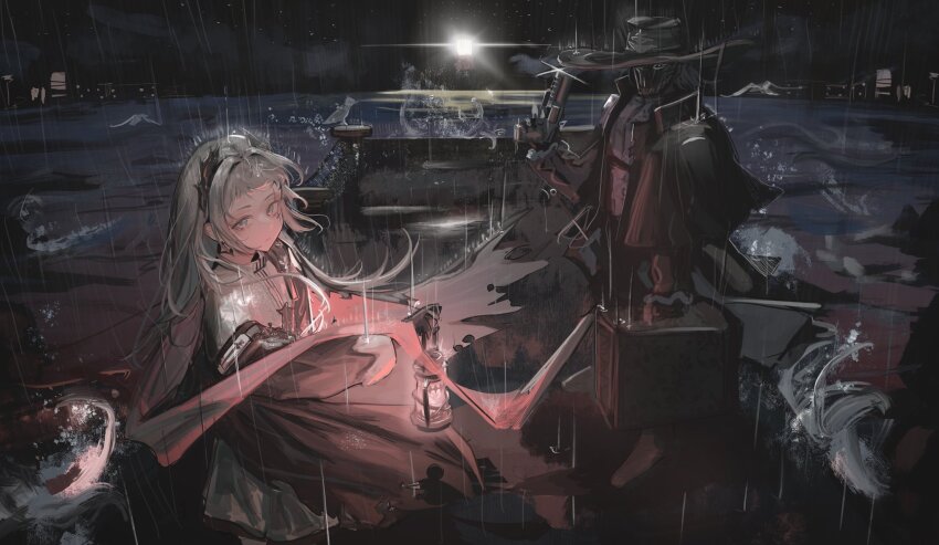 1boy 1girl arknights black_coat black_dress black_hair black_hat character_request check_character closed_mouth coat commentary covered_face covered_mouth dark dress glint grey_eyes grey_hair gun handgun hat high_collar highres holding holding_gun holding_lantern holding_weapon irene_(arknights) kotowaza lantern long_hair long_sleeves looking_at_viewer night outdoors rain scar scar_across_eye scar_on_face scout_(arknights) short_hair sketch standing water weapon wet white_dress wind