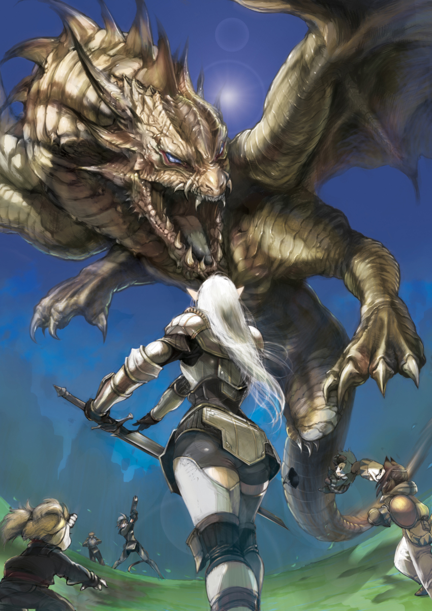 1boy 5girls :d adventurer_(ff11) animal_ears armor ass beret blonde_hair blue_hair blue_sky breastplate brown_hair buckler cat_ears cat_girl cat_tail clear_sky commentary day dragon elf elvaan final_fantasy final_fantasy_xi gun hat hat_feather highres holding holding_gun holding_sword holding_weapon ikeda_yuzuki lens_flare long_hair mithra_(ff11) multiple_girls official_art open_mouth outdoors pointy_ears second-party_source shield short_hair shoulder_armor sky smile sun sword tail tarutaru twintails weapon white_hair