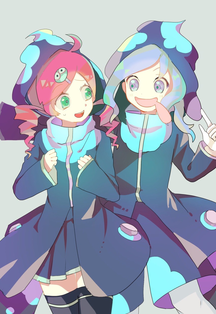 1boy 1girl :d andou_ringo arm_behind_another&#039;s_back black_coat black_hat black_shorts black_skirt black_thighhighs chisora_(chisora_ra) clenched_hands coat cosplay cowboy_shot drill_hair drooling ecolo_(puyopuyo) green_eyes grey_background grey_hair hands_up hat highres long_hair looking_at_another mouth_drool open_mouth outstretched_arm pantyhose pleated_skirt purple_eyes puyopuyo puyopuyo_20th_anniversary raised_eyebrow red_hair shorts shoulder-to-shoulder simple_background skirt smile standing sweatdrop thighhighs twin_drills unusual_ecolo unusual_ecolo_(cosplay) white_pantyhose wide_sleeves