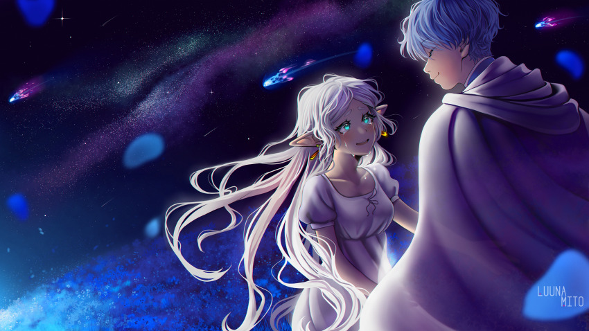 1boy 1girl alternate_breast_size aqua_eyes artist_name blue_hair breasts cape comet commentary crying crying_with_eyes_open earrings elf frieren grey_cape grey_hair hair_down highres himmel_(sousou_no_frieren) jewelry long_hair luunamito medium_breasts open_mouth pointy_ears puffy_short_sleeves puffy_sleeves raised_inner_eyebrows short_sleeves smile sousou_no_frieren space tears very_long_hair