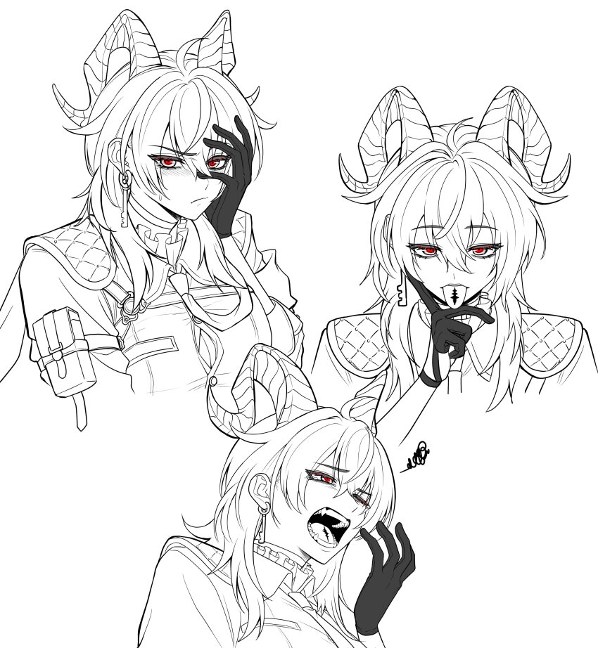 1girl absurdres arm_pouch armband black_gloves breasts button_gap chest_harness choker cleavage collared_shirt earrings multiple_expressions gloves greyscale hand_on_own_face harness highres horns jewelry key_earrings long_hair looking_at_viewer monochrome multiple_views necktie necktie_over_shoulder red_eyes scribble shirt simple_background single_earring spot_color tacet_mark_(wuthering_waves) tuthanh63407224 white_background white_hair white_shirt wuthering_waves yawning zani_(wuthering_waves)