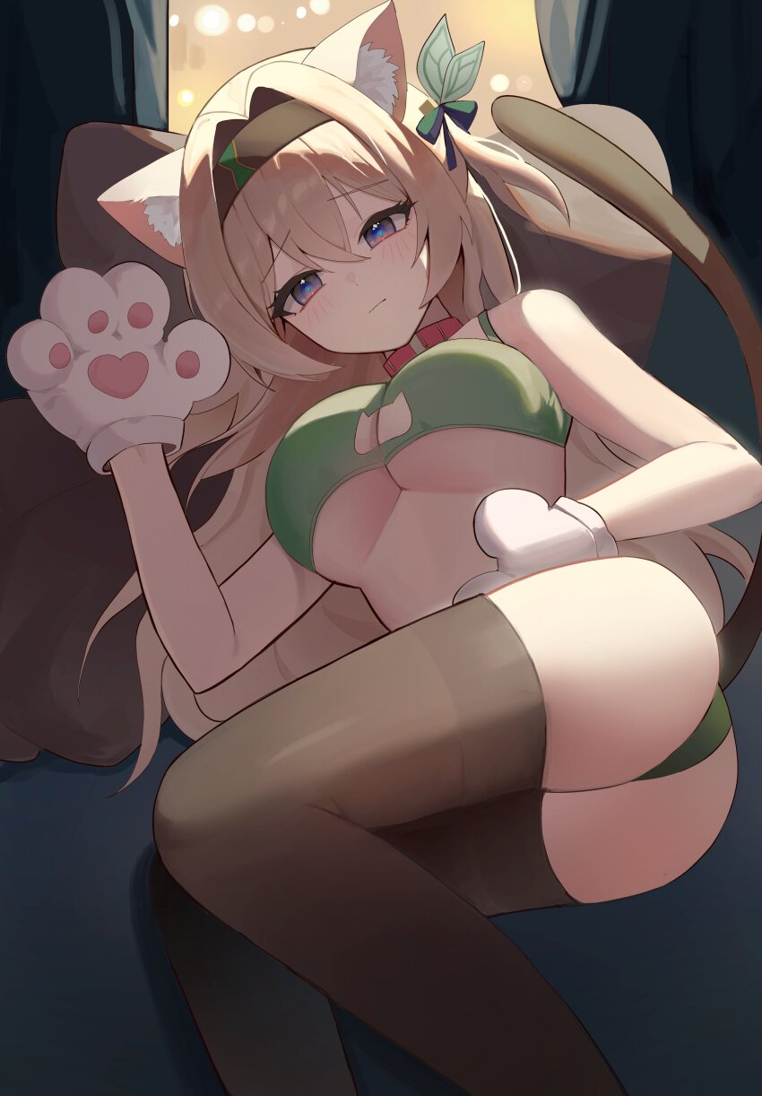 13_(jjusan13) 1girl absurdres animal_ears animal_hands black_thighhighs blue_pupils blush bra cat_ears cat_lingerie cat_paws cat_tail closed_mouth firefly_(honkai:_star_rail) gloves green_bra green_panties grey_hair hair_between_eyes hair_intakes hair_ornament hair_ribbon highres honkai:_star_rail honkai_(series) meme_attire multicolored_eyes panties paw_gloves ribbon tail thighhighs underwear
