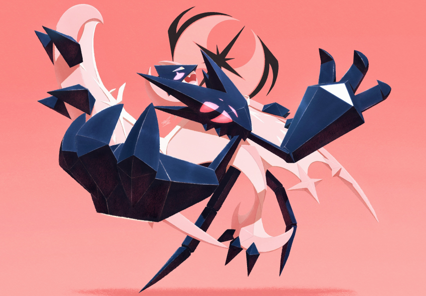 alternate_color armor bat_(animal) black_armor black_gemstone claws commentary commentary_request crescent crystal ewokakukaede fang gem gen_7_pokemon glowing glowing_eyes highres legendary_pokemon necrozma necrozma_(dawn_wings) nintendo no_humans official_alternate_color open_mouth pink_background pokemon pokemon_(creature) pokemon_focus red_eyes shiny_pokemon skin_fang smile solo sparkle star_(symbol)