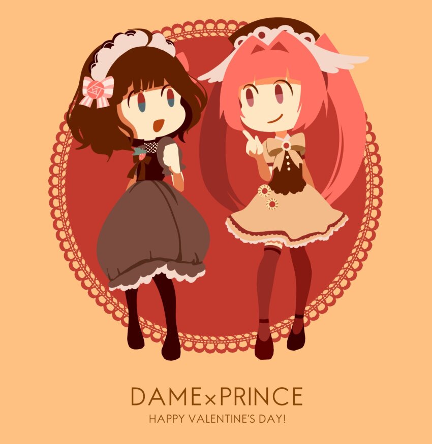 2girls ani_inako black_pantyhose brown_background brown_dress chibi chibi_only clenched_hand closed_mouth dame_x_prince dress flat_color full_body happy_valentine highres kyuaran long_hair looking_at_another maid_headdress multiple_girls no_nose pantyhose red_thighhighs thighhighs twintails zanbi_(ankokusen4)