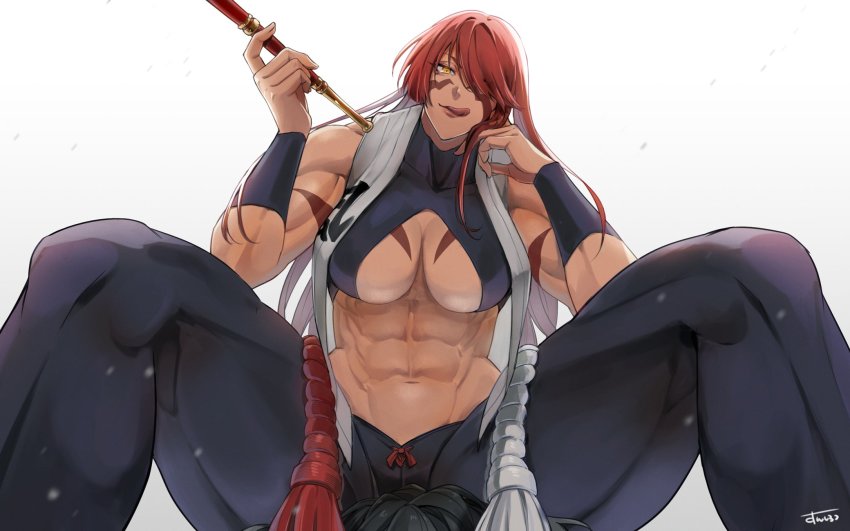 1girl abs body_markings breasts dougi facial_mark fuuma_kotarou_(tenkaichi) hair_over_one_eye halterneck hand_on_own_chin highres holding holding_smoking_pipe licking_lips long_hair looking_at_viewer muscular muscular_female pants red_hair revealing_clothes simple_background smoking_pipe solo spread_legs sunsirou tenkaichi_nihon_saikyou_bugeisha_ketteisen thighs tight_clothes tight_pants tongue tongue_out white_background wristband yellow_eyes