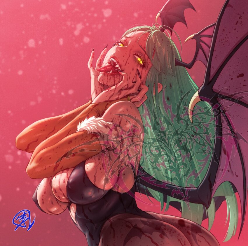 1girl ass black_leotard blood blood_on_face breasts bridal_gauntlets cleavage covered_erect_nipples crazy_smile darkstalkers demon_wings fang fujii_eishun green_hair head_wings highres huge_ass large_breasts leotard long_hair looking_at_viewer looking_back morrigan_aensland open_mouth pink_background smile solo strapless strapless_leotard thong_leotard tongue tongue_out upper_body wings yellow_eyes