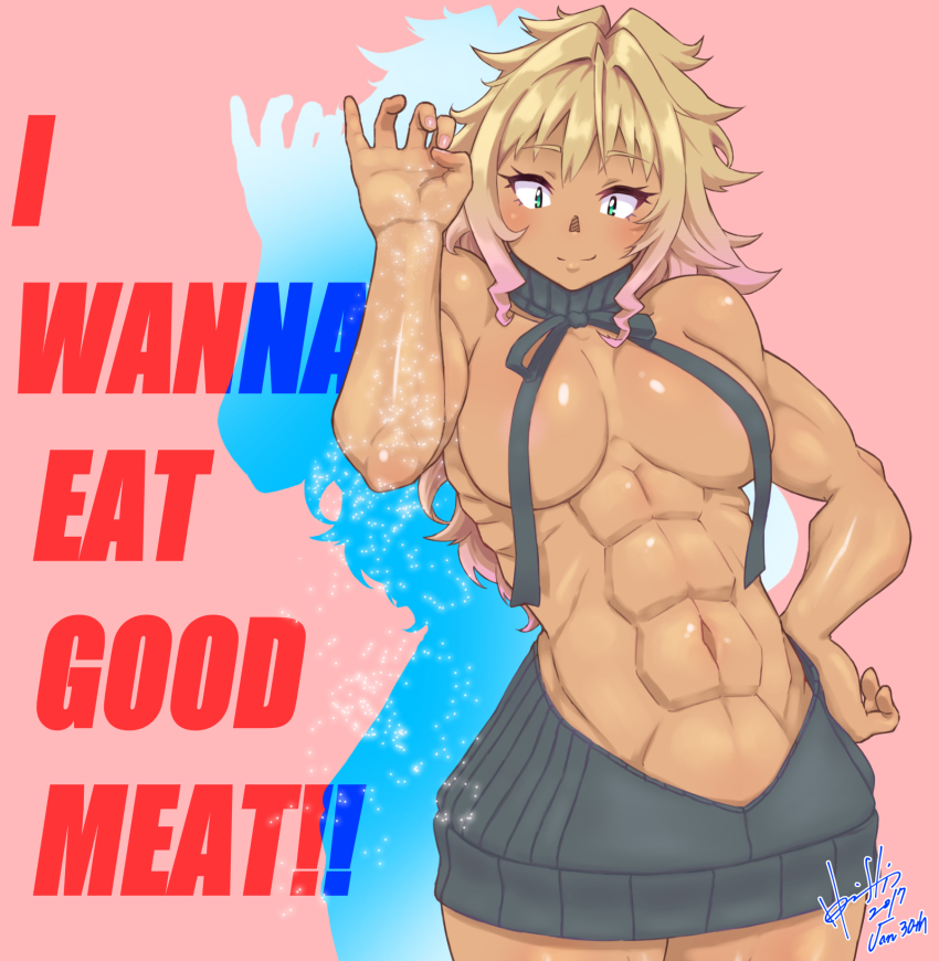 1girl abs blonde_hair breasts convenient_censoring dark-skinned_female dark_skin female_focus green_eyes hand_on_own_hip highres hori_shin looking_down medium_breasts meme meme_attire muscular muscular_female original pink_background salt salt_bae_(meme) signature smile solo toned virgin_killer_sweater wardrobe_error you&#039;re_doing_it_wrong