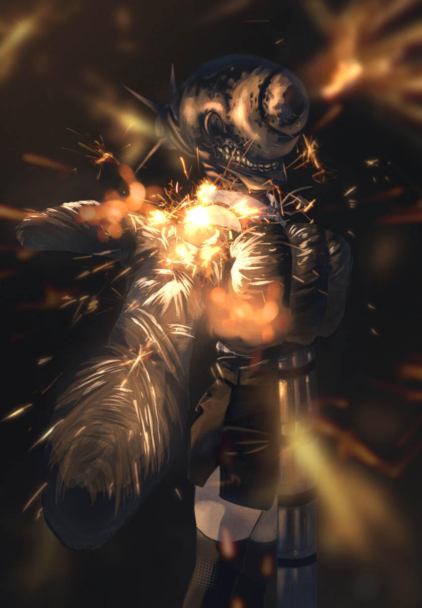 1girl apron black_gloves black_shorts black_thighhighs bomb_devil_(chainsaw_man) chainsaw_man dynamite explosive gloves grey_apron highres imminent_explosion object_head pointing pointing_at_viewer sf10320065 shorts solo sparks teeth thighhighs