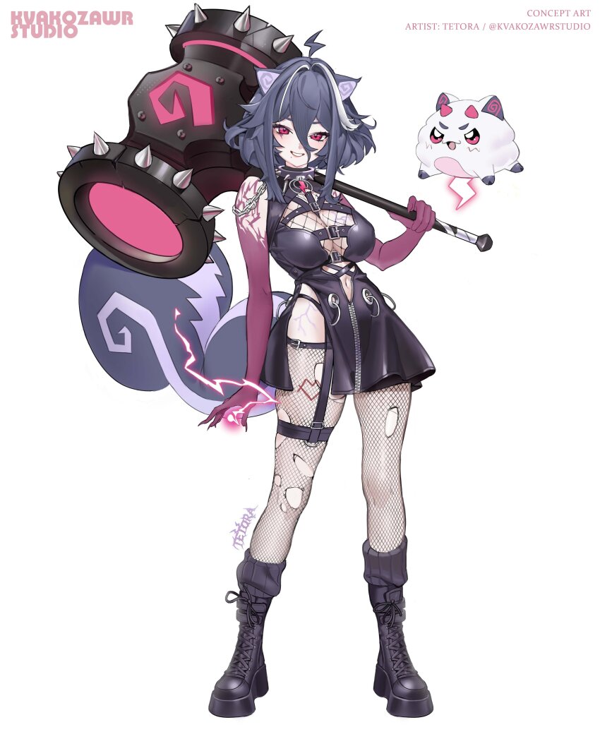 1girl 666666ttr animal_ears boots collar fishnet_thighhighs fishnets garter_straps hammer navel original red_eyes simple_background solo spiked_collar spikes standing tail thigh_strap thighhighs torn_clothes torn_thighhighs white_background
