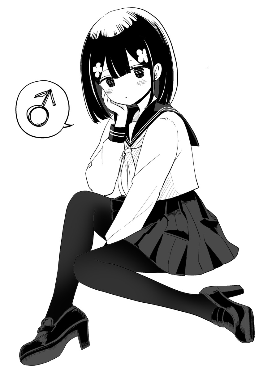 1boy blunt_bangs blush bob_cut center-flap_bangs chabatavae crossdressing flower full_body greyscale hair_flower hair_ornament hand_on_own_cheek hand_on_own_face high_heel_loafers high_heels highres loafers long_sleeves looking_at_viewer male_focus mars_symbol medium_hair monochrome neckerchief original pantyhose pleated_skirt sailor_collar shoes simple_background sitting skirt solo speech_bubble spoken_mars_symbol trap white_background