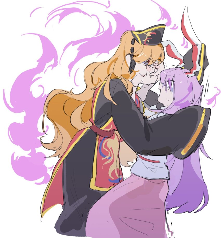 2girls animal_ears black_hat black_robe blonde_hair chinese_clothes covering_another&#039;s_mouth dalachi_(headdress) face-to-face hair_between_eyes hand_over_another&#039;s_mouth hat highres junko_(touhou) long_hair long_sleeves looking_at_another motion_lines multiple_girls nervous_sweating newbokk pink_skirt purple_aura purple_hair rabbit_ears rabbit_girl red_eyes red_tabard reisen_udongein_inaba rejected_kiss robe shirt skirt sleeves_past_fingers sleeves_past_wrists sweat tabard touhou trembling very_long_hair white_shirt wide_sleeves yuri