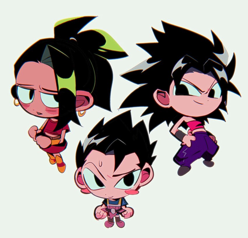 1boy 2girls 9ta500 armor bare_arms bare_shoulders black_eyes black_hair blue_shirt blue_shorts blush cabba caulifla chibi crop_top dragon_ball dragon_ball_super earrings high_ponytail highres jewelry kale_(dragon_ball) multiple_girls pants pink_tube_top ponytail purple_pants red_skirt saiyan saiyan_armor shirt short_hair short_sleeves shorts skirt spiked_hair strapless sweat sweatdrop tube_top white_background