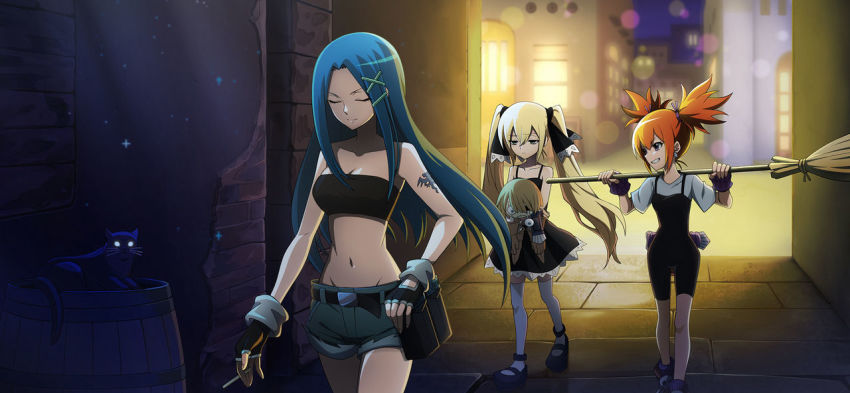 3girls arm_tattoo armpits bandeau bare_shoulders belly belt blonde_hair blue_hair breasts broom chuck_(shaman_king) cleavage closed_eyes denim denim_shorts doll eye_visible_through_hair fingerless_gloves gloves hair_ornament hand_on_own_hip jewelry kanna_bismarch legs long_hair long_legs marion_phauna matilda_matisse midriff multiple_girls navel official_art orange_hair shaman_king short_shorts shorts smile tattoo teeth twintails walking