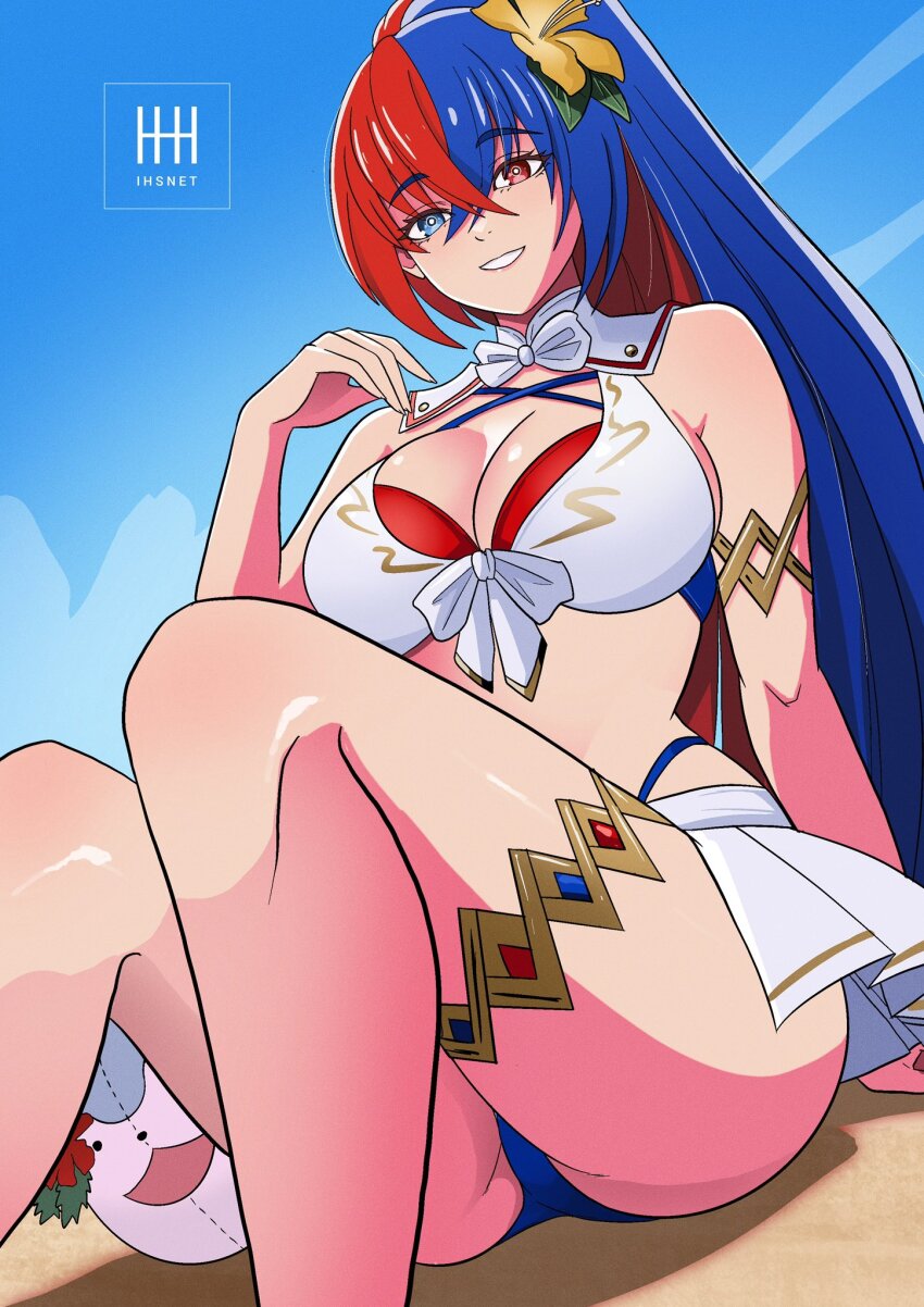 1girl bikini blue_bikini blue_eyes blue_hair breasts character_ball cleavage criss-cross_halter crossed_bangs female_alear_(fire_emblem) female_alear_(seaside_dragon)_(fire_emblem) fire_emblem fire_emblem_engage fire_emblem_heroes gold_armlet gold_thighlet halterneck heterochromia highres ihsnet large_breasts long_hair multicolored_bikini multicolored_hair multicolored_swimsuit nintendo official_alternate_costume official_alternate_hairstyle ponytail red_bikini red_eyes red_hair showgirl_skirt solo sommie_(fire_emblem) split-color_hair swimsuit two-tone_hair very_long_hair white_bikini
