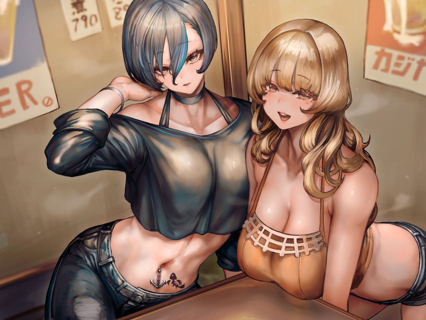 2girls absurdres aqua_streaks armpit_crease bare_shoulders black_choker black_shirt blonde_hair blurry blurry_background bracelet breasts brown_eyes camisole choker cleavage collarbone commentary_request cowboy_shot cropped_shirt denim denim_shorts dot_nose grey_hair gyaru hair_between_eyes hand_up highres indoors jeans jewelry large_breasts leaning_forward long_hair looking_at_viewer looking_to_the_side medium_breasts midriff mole mole_under_eye multiple_girls navel navel_piercing open_mouth original pants parted_lips piercing shirt short_hair shorts sidelocks soleil_(soleilmtfbwy03) stomach_tattoo tattoo teeth tongue upper_teeth_only yellow_camisole