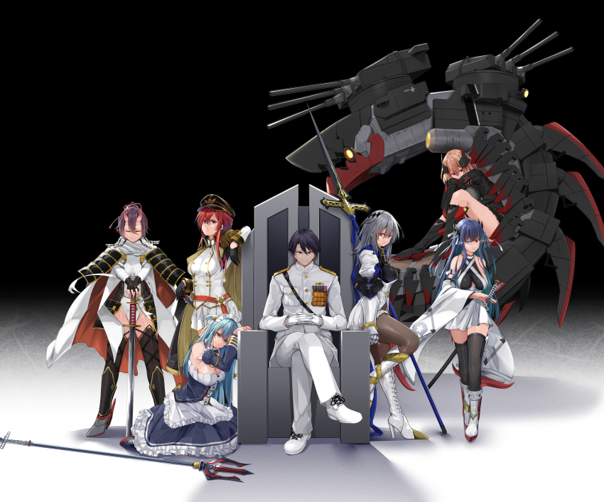 1boy 6+girls absurdres armor azur_lane bare_shoulders black_coat black_footwear black_gloves black_skirt black_thighhighs blue_eyes blue_hair blue_sleeves boots braid breasts brown_pantyhose clam cleavage clothing_cutout coat coat_on_shoulders commander_(azur_lane) corset cross-laced_footwear crossed_legs crown_braid detached_sleeves dress epaulettes fake_antlers fingerless_gloves frilled_dress frills full_body gauntlets gloves glowing glowing_eyes gold_trim grey_hair hair_between_eyes half_gloves hands_on_hilt hat headgear heterochromia high_heel_boots high_heels highres horns ibuki_(azur_lane) izumo_(azur_lane) jacket japanese_armor katana large_breasts leotard light_brown_hair long_hair long_sleeves looking_at_viewer maid_headdress mechanical_hands medal medium_breasts medium_hair military_uniform miniskirt monarch_(azur_lane) multicolored_hair multiple_girls multiple_horns naval_uniform neptune_(azur_lane) non-humanoid_robot oni oriue_wato pants pantyhose peaked_cap polearm purple_hair red_eyes red_hair robot robot_animal roon_(azur_lane) rudder_footwear saint-louis_(azur_lane) sheath sheathed shell_hair_ornament shoes sitting skin-covered_horns skirt standing streaked_hair sword thighhighs trident underboob_cutout unsheathing very_long_hair weapon white_corset white_dress white_footwear white_gloves white_jacket white_leotard white_pants white_skirt yellow_eyes zettai_ryouiki