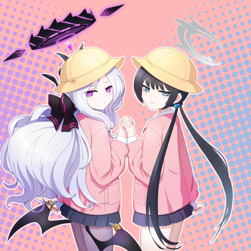 2girls ahoge black_hair black_halo blue_archive breasts demon_girl demon_horns demon_wings dtcy grey_eyes grey_halo halo hat highres hina_(blue_archive) horns kisaki_(blue_archive) long_hair looking_at_viewer multiple_girls purple_eyes small_breasts twintails white_hair wings