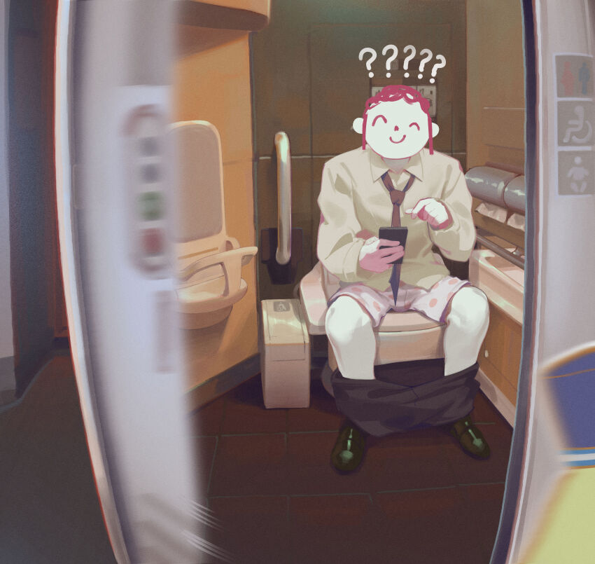 1boy ? ?? absurdres black_necktie black_pants blue_archive clothes_pull doodle_sensei_(blue_archive) full_body highres hikari_(blue_archive) looking_at_viewer male_focus necktie on_toilet pants pants_pull polka_dot_underwear sensei_(blue_archive) shirt sitting solo toilet train_interior villainchin white_shirt
