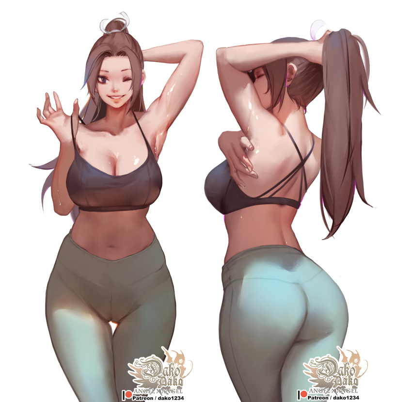 1girl ;) arm_behind_head armpits artist_logo artist_name ass breasts brown_eyes brown_hair cleavage collarbone commentary english_commentary fatal_fury from_behind hair_ribbon high-waist_pants highres hu_dako large_breasts lips logo long_hair looking_at_viewer midriff navel one_eye_closed pants patreon_username ponytail ribbon shiranui_mai simple_background smile snk solo tank_top the_king_of_fighters thigh_gap white_background white_ribbon