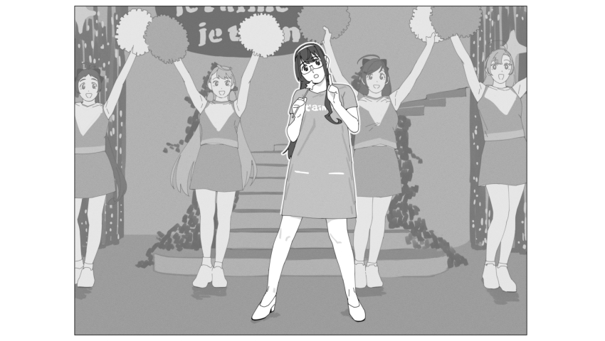 5girls akashi_(kancolle) cheerleader cosplay dress full_body greyscale hair_ornament hairclip high_heels highres holding holding_pom_poms holding_wand irako_(kancolle) kantai_collection kinugasa_(kancolle) kinugasa_kai_ni_(kancolle) long_hair mamiya_(kancolle) monochrome multiple_girls ojipon ooyodo_(kancolle) pom_pom_(cheerleading) pom_poms pumps shirt skirt sleeveless sleeveless_shirt stairs standing star_wand wand