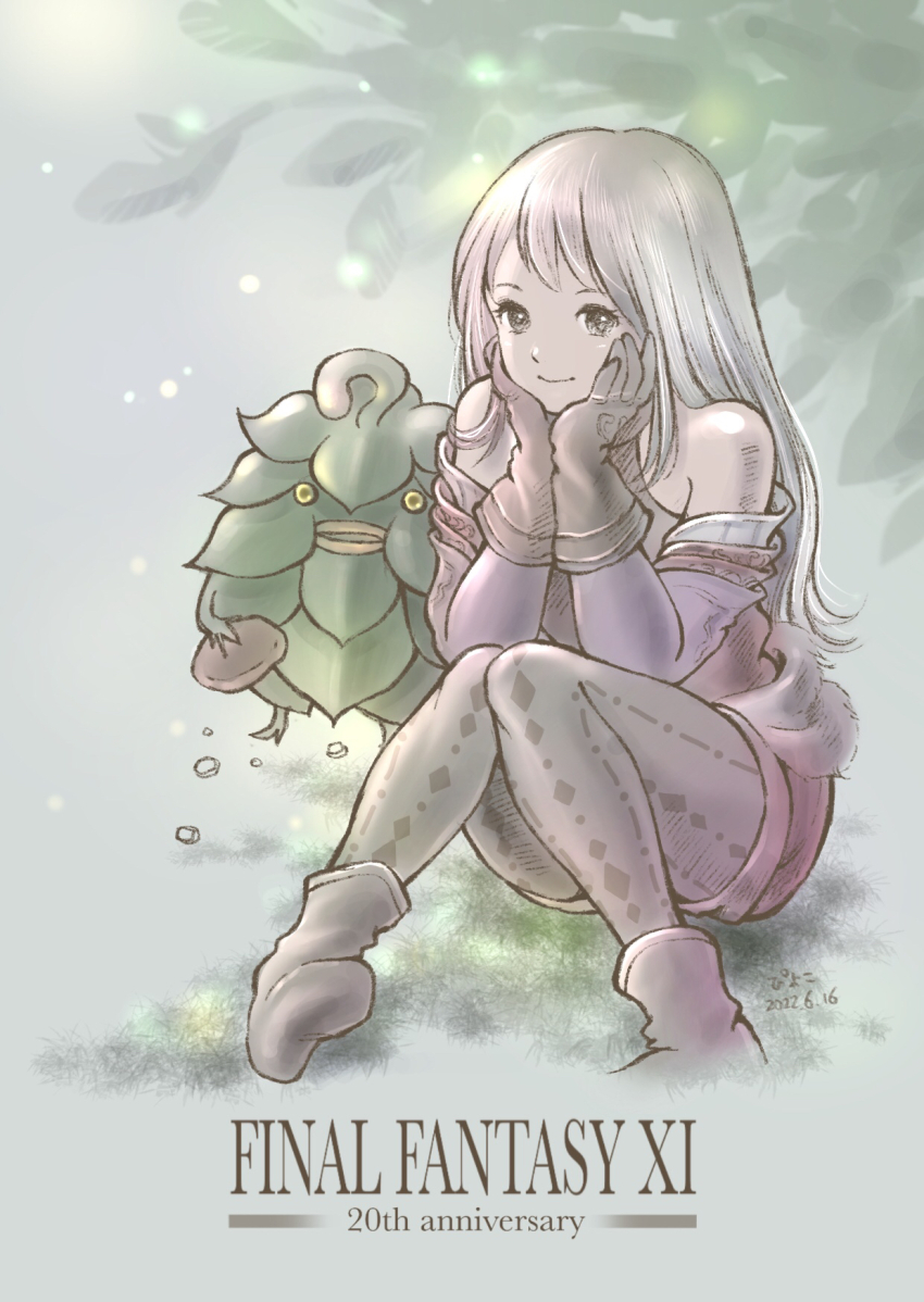 1girl 2022 arciela_v_adoulin artist_name bare_shoulders black_gloves boots closed_mouth copyright_name dated detached_sleeves final_fantasy final_fantasy_xi gloves grey_eyes grey_hair grey_pantyhose hands_on_own_cheeks hands_on_own_face hands_up highres hume jumpsuit knees_together_feet_apart leafkin long_hair long_sleeves pantyhose pink_boots piyoco red_jumpsuit short_jumpsuit sitting smile solo