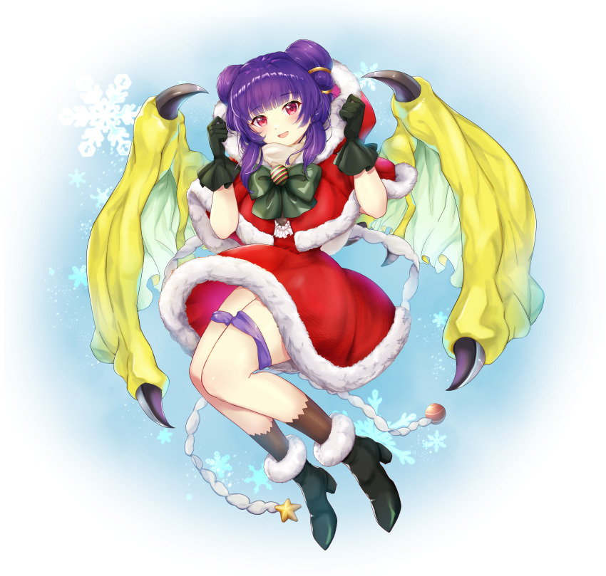 1girl absurdres alternate_costume ankle_cuffs arms_up bare_arms bare_legs blue_background blunt_bangs bow bowtie brown_socks capelet christmas_ornaments coat dragon_girl dragon_wings dress fire_emblem fire_emblem:_the_sacred_stones frills full_body fur-trimmed_capelet fur-trimmed_coat fur-trimmed_dress fur_trim gloves gradient_background green_bow green_bowtie green_footwear green_gloves green_wings hair_tie head_tilt high_heels highres holding holding_hoodie holding_unworn_clothes hood hood_down jumping knees_together_feet_apart legs_together legs_up long_hair looking_at_viewer multi-tied_hair myrrh_(fire_emblem) nintendo no_sleeves pale_skin purple_hair red_capelet red_dress red_eyes rope santa_costume santa_dress shiny_skin short_dress smile snow snowflakes snowing socks solo star_ornament suzukichi_(user_pwmc7427) thigh_strap thighs twintails white_background wings yellow_wings