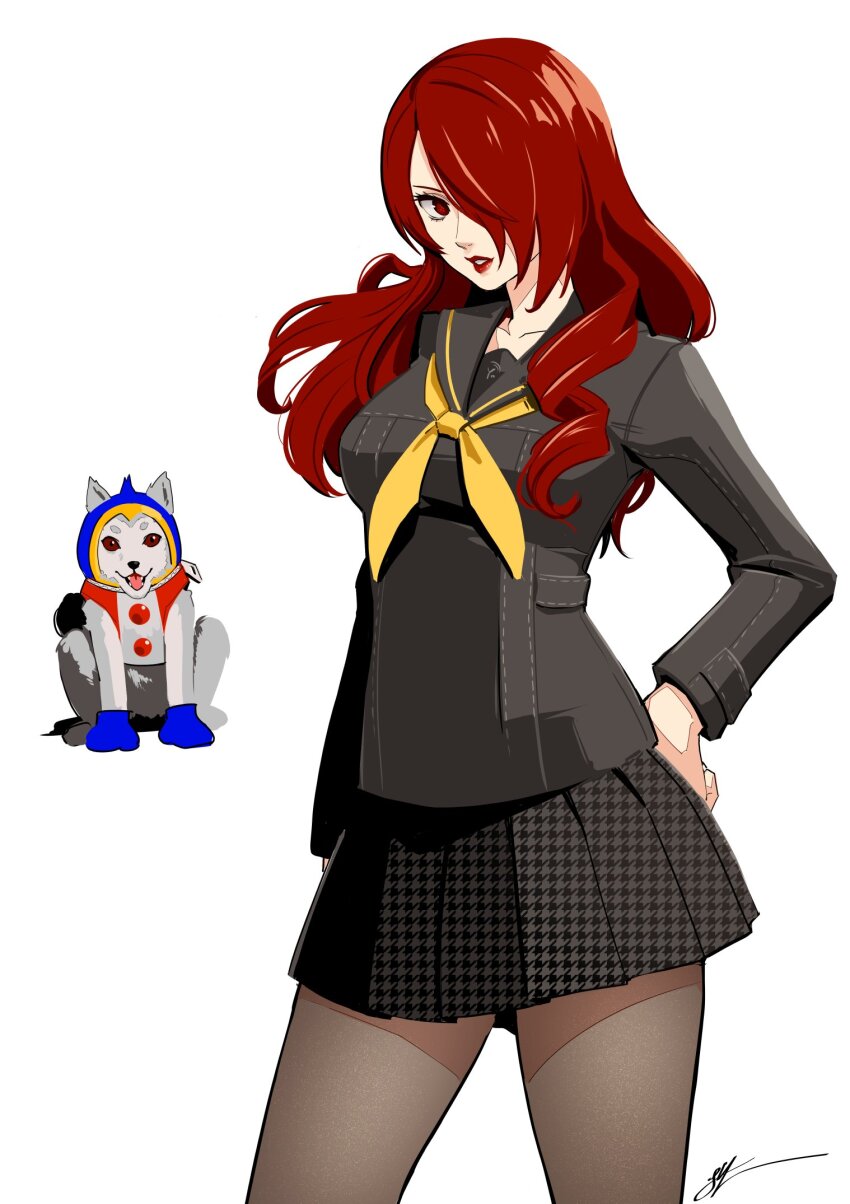 1girl alternate_costume black_sailor_collar black_shirt black_skirt commentary cosplay dog eightyfourart english_commentary grey_pantyhose hair_over_one_eye hand_on_own_hip highres kirijou_mitsuru koromaru_(persona) kuma_(persona_4) kuma_(persona_4)_(cosplay) lips long_hair long_sleeves looking_at_viewer neckerchief one_eye_covered pantyhose parted_lips persona persona_3 persona_4 pleated_skirt red_eyes red_hair red_lips sailor_collar school_uniform shirt signature simple_background skirt thighs white_background yasogami_school_uniform yellow_neckerchief