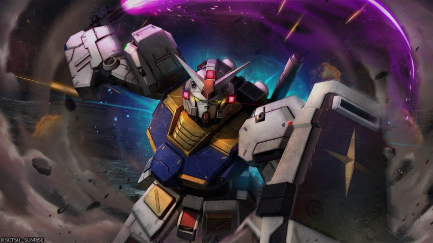 absurdres arm_cannon asteroid company_name copyright_notice debris dust_cloud earth_federation_space_forces energy_sword gundam gundam_battle_operation_2 gundam_battlefield_record_uc_0081 highres holding holding_sword holding_weapon machinery mecha mecha_focus mobile_suit no_humans official_art painting_(medium) realistic robot roundel rx-78-7_gundam scan science_fiction shield solo space sunrise_(company) sword tenjin_hidetaka traditional_media v-fin weapon