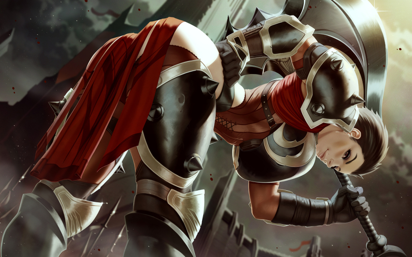 1girl armor ass axe bent_over bottomless breasts breasts_out brown_hair commentary darius_(league_of_legends) elbow_gloves english_commentary feet_out_of_frame gauntlets genderswap genderswap_(mtf) gloves hanging_breasts highres holding holding_weapon large_breasts league_of_legends light_smile lips looking_at_viewer mole mole_above_mouth nipples nose pauldrons red_eyes red_thighhighs sash short_hair shoulder_armor solo themaestronoob thick_thighs thigh_armor thighhighs thighs underbust very_short_hair weapon