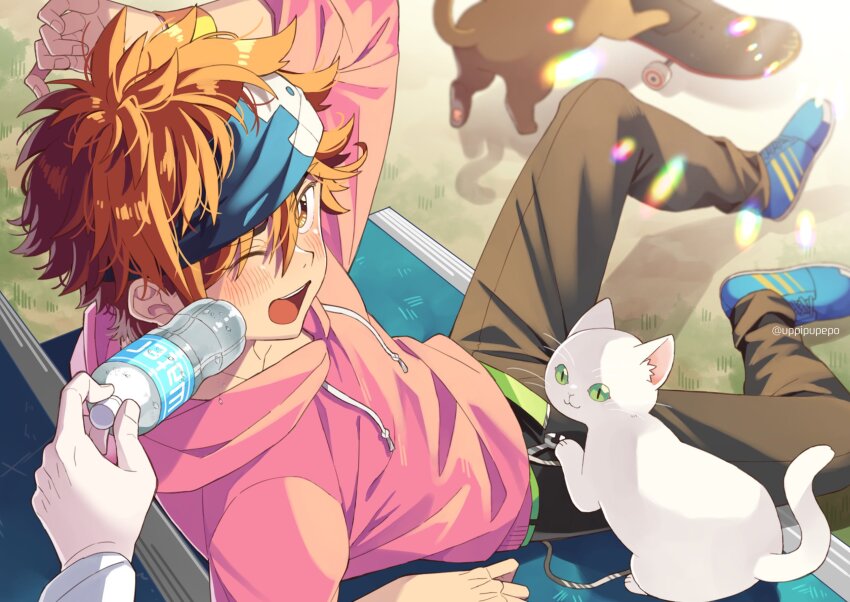 2boys black_pants blue_footwear blush bottle brown_fur cat highres holding holding_bottle hood hoodie kyan_reki long_sleeves multiple_boys one_eye_closed open_mouth orange_eyes orange_hair pants pink_hoodie shoes short_hair sk8_the_infinity skateboard uppi white_fur