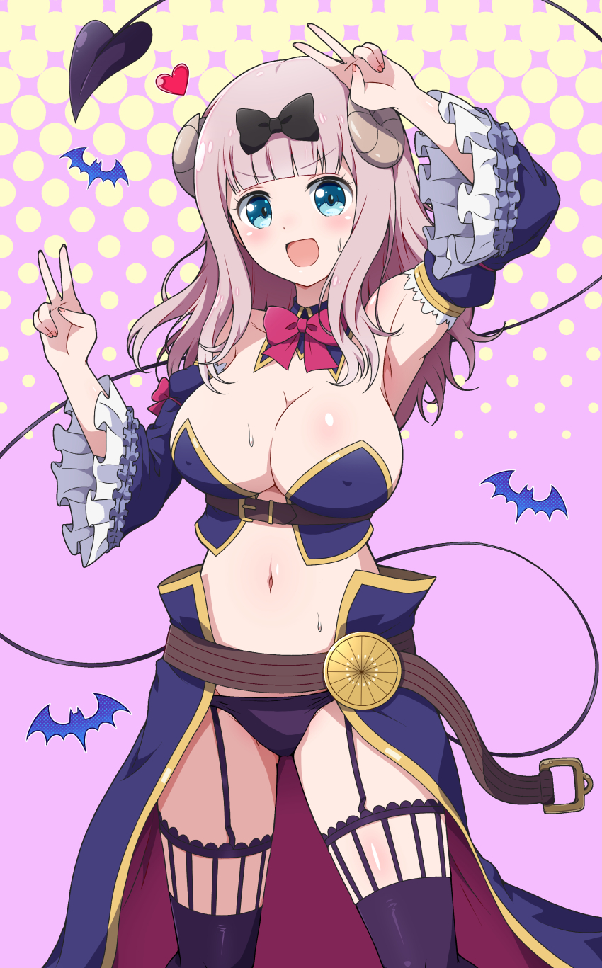 1girl :d absurdres arm_up armpits belt bikini black_bow blue_bikini blue_eyes blue_sleeves blue_thighhighs blunt_bangs blush bow bowtie breasts brown_belt cleavage commentary_request cosplay covered_erect_nipples cowboy_shot crisis_management_form_(machikado_mazoku) curled_horns demon_girl demon_horns demon_tail detached_collar detached_sleeves double_v eggman_(ni_tamagoex) frilled_sleeves frills fujiwara_chika garter_straps hair_bow hand_up highres horns kaguya-sama_wa_kokurasetai_~tensai-tachi_no_renai_zunousen~ kohara_konomi large_breasts long_hair looking_at_viewer machikado_mazoku multicolored_background navel notice_lines open_mouth pink_hair red_bow red_bowtie revealing_clothes smile solo star_(symbol) stomach strapless strapless_bikini swimsuit tail thighhighs v v_over_head voice_actor_connection waist_cape wide_sleeves yoshida_yuuko_(machikado_mazoku) yoshida_yuuko_(machikado_mazoku)_(cosplay)