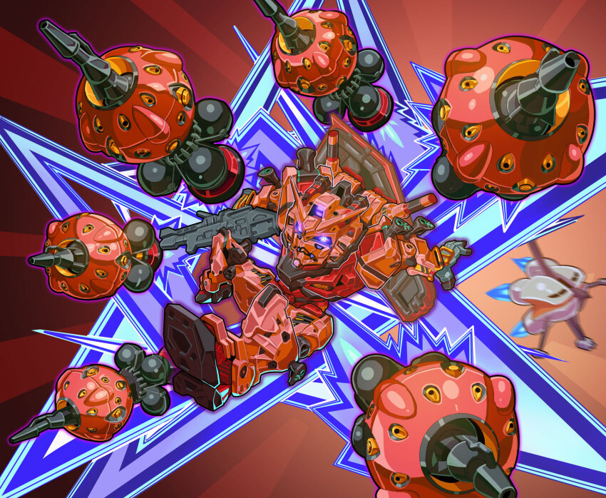 beam_rifle bit_(gundam) braw_bro commentary_request energy_gun flying glowing glowing_eyes gun gundam gundam_gquuuuuux highres holding holding_gun holding_weapon mecha mecha_focus mobile_armor mobile_suit no_humans purple_eyes red_gundam robot science_fiction shield shield_on_back solo uungunover v-fin weapon