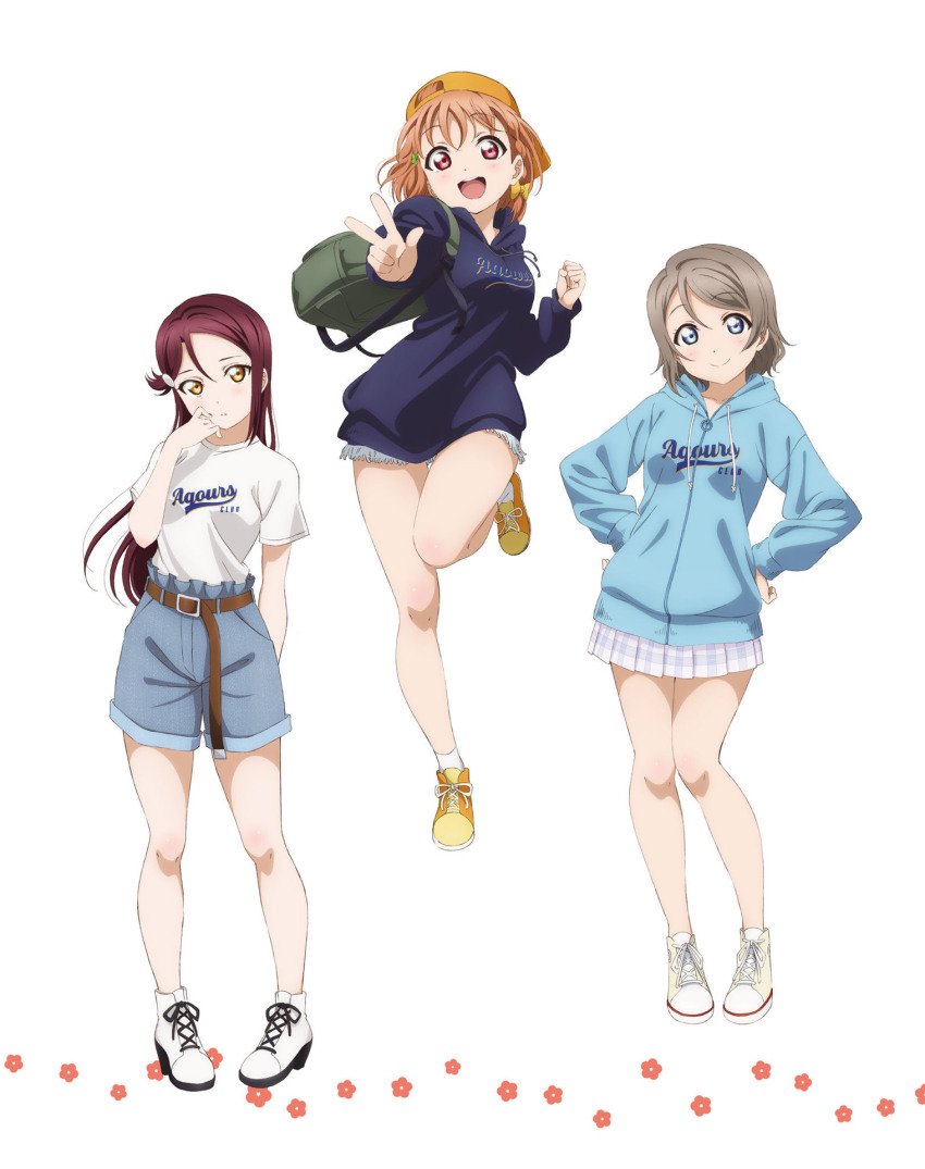 3girls artbook bag belt blue_eyes blue_hoodie brown_belt clothes_writing full_body grey_hair hair_ornament hat highres hood hoodie leather_belt long_hair looking_at_viewer love_live! love_live!_sunshine!! miniskirt multiple_girls non-web_source official_art open_mouth orange_hair purple_hoodie red_eyes red_hair sakurauchi_riko shirt shoes short_hair shorts skirt smile sneakers socks standing t-shirt takami_chika v watanabe_you white_background white_shirt white_socks yellow_eyes