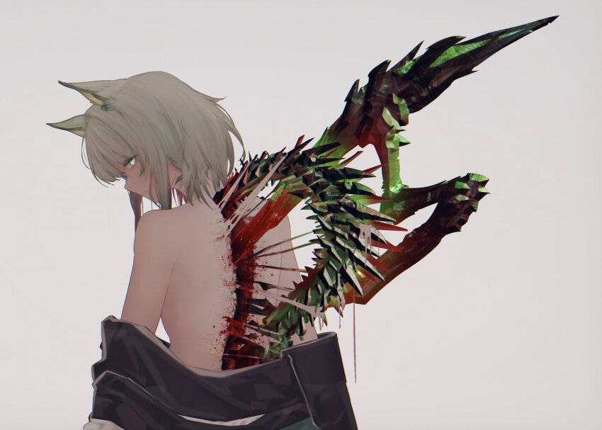 1girl animal_ear_fluff animal_ears arknights back blood bright_pupils cat_ears closed_mouth commentary cowboy_shot cracked_skin deep_wound english_commentary from_behind green_eyes green_hair highres hunched_over injury jacket kal&#039;tsit_(arknights) keiosu4 looking_at_viewer looking_back mon3tr_(arknights) mon3tr_(summon)_(arknights) off-shoulder_jacket off_shoulder serious short_hair simple_background solo spine standing topless_female torn_skin