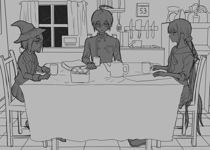 1boy 2girls breast_pocket buttons chair cup danganronpa_(series) danganronpa_v3:_killing_harmony double-breasted from_side hair_ornament hair_scrunchie hairclip harukawa_maki hat highres indoors jacket kitchen long_hair long_sleeves miniskirt multiple_girls nyapitalism open_clothes open_jacket pocket profile saihara_shuichi sailor_collar scrunchie shirt skirt table teacup witch_hat yumeno_himiko