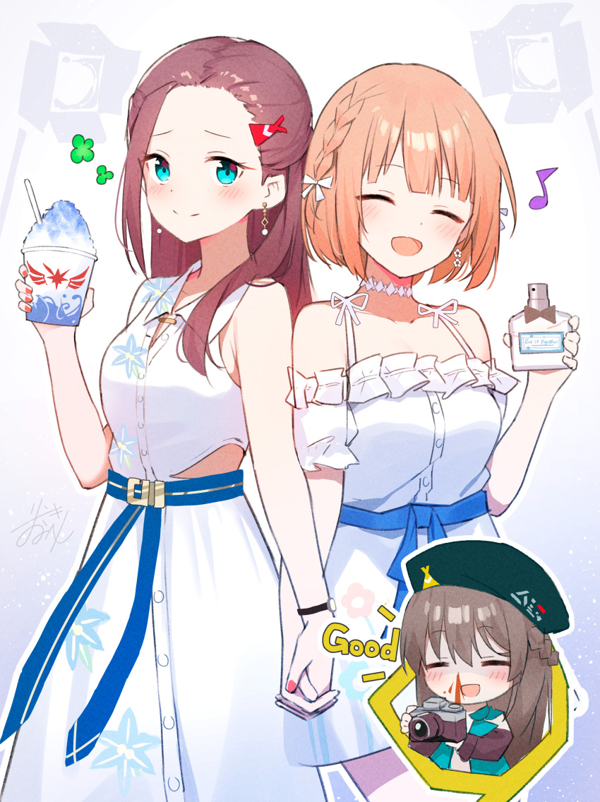2girls 3girls absurdres bangs_pinned_back belt beret blonde_hair blue_belt braid breasts brown_hair dress earrings fish_hair_ornament green_eyes hair_ornament hairband half_up_braid hat heaven_burns_red highres holding_hands jewelry large_breasts long_hair multiple_girls ooshima_ichiko ooshima_muua ooshima_niina rinki_oohen short_hair siblings sisters white_background white_dress yellow_eyes