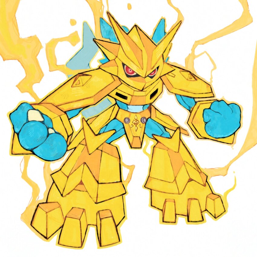 analog_boy02 armor aura blue_skin clenched_hands colored_skin digimon digimon_(creature) dragon fewer_digits full_body gold_armor gold_helmet highres magnamon red_eyes simple_background solo white_background