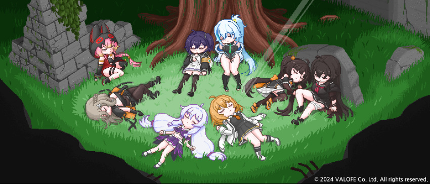 absurdres ahoge bikini black_dress black_hair black_shoes black_thighhighs blazer blue_hair braid breasts brown_hair chii_aruel cleavage closed_eyes crossover detached_sleeves dhana_opini dress elbow_gloves gloves grass hair_ornament haru_estia highres iris_yuma jacket large_breasts last_origin leaning_on_object lee_nabi leotard light_rays lily_bloomerchen long_hair low_twintails lying multiple_girls navel neckerchief official_art on_back one_side_up orange_hair pink_hair pixel_art red_neckerchief ribbed_leotard rodong8 rubble school_uniform shoes sleeping sleeveless sleeveless_dress soulworker stella_unibell sunbeam sunlight swimsuit thighhighs tree twintails white_hair