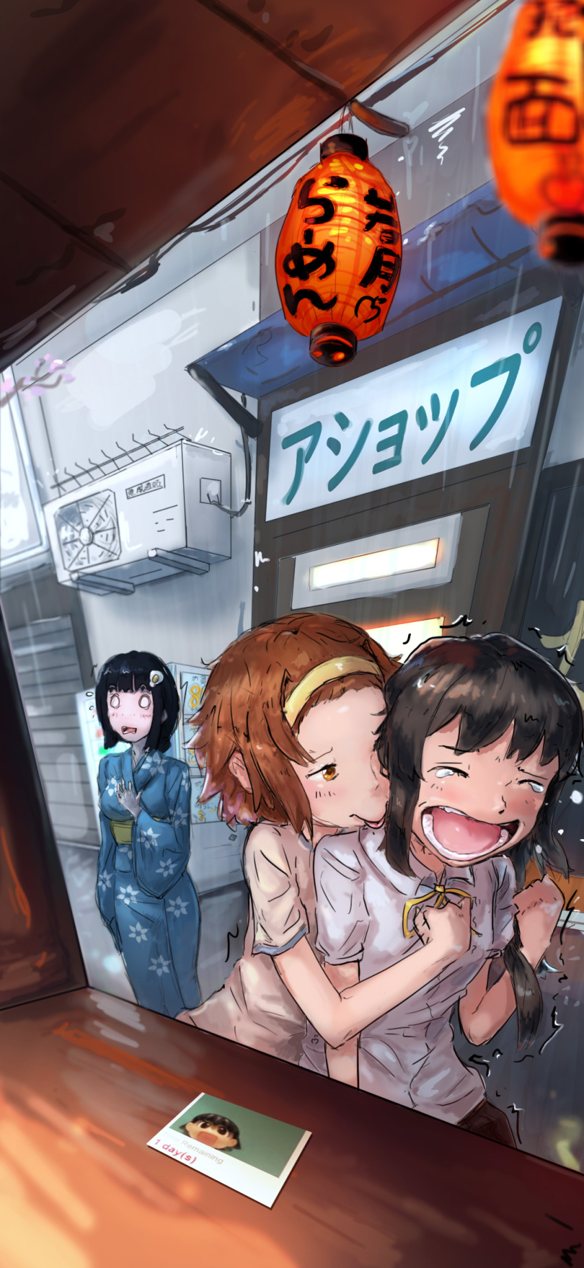 3girls air_conditioner akiyama_mio araragi_tsukihi azumanga_daiou biting black_hair brown_hair counter from_inside highres k-on! lantern liamickpie monogatari_(series) multiple_girls open_mouth outdoors paper_lantern perspective rain shouting standing tainaka_ritsu takino_tomo tears