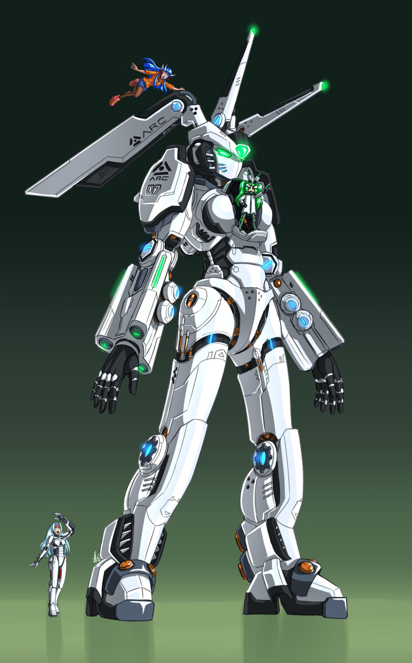 3girls arm_cannon bfg_9000 bfg_9000_(personification) blue_hair brown_legwear cacodemon cyclops demon_girl demon_horns doom_(series) energy_gun glowing glowing_eyes green_eyes highres horns mecha multiple_girls one-eyed pantyhose personification plasma_rifle robot silver_hair size_difference substance20 weapon