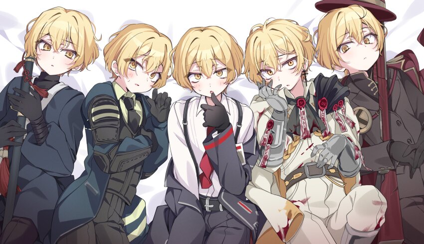 5boys absurdres black_gloves black_necktie blade_lineage_(identity)_(project_moon) blonde_hair blush closed_mouth collared_shirt cowboy_shot gloves gun hanbok highres korean_clothes limbus_company looking_at_viewer lying male_focus manic_rabbits multiple_boys n_corp._fanatic_(identity)_(project_moon) necktie on_back open_mouth project_moon shirt short_hair sinclair_(project_moon) suspenders sweat thumb_(identity)_(project_moon) weapon white_background white_shirt yellow_eyes zwei_association_south_uniform