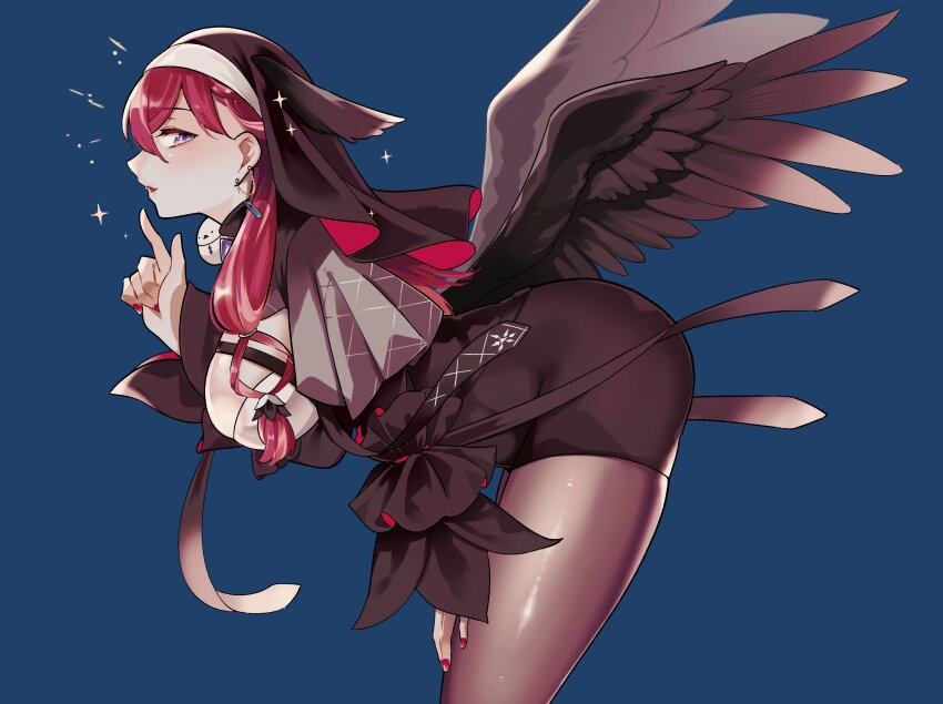 1girl absurdres animal animal_on_shoulder arm_on_thigh bird bird_on_shoulder black_coif black_dress black_romper black_wings blue_background blush braid braided_bangs breasts capelet cleavage coif cowboy_shot criss-cross_straps dress ear_chain earrings framed_breasts from_side gem grey_capelet hair_between_eyes head_wings high-waist_shorts highres jewelry konkon_aria large_breasts leaning_forward linked_piercing long-tailed_tit long_hair looking_at_viewer low-tied_sidelocks neo-porte nun pantyhose piercing purple_eyes purple_gemstone red_hair romper shorts sidelocks solo sooru0720 sparkle tit_(bird) virtual_youtuber wings
