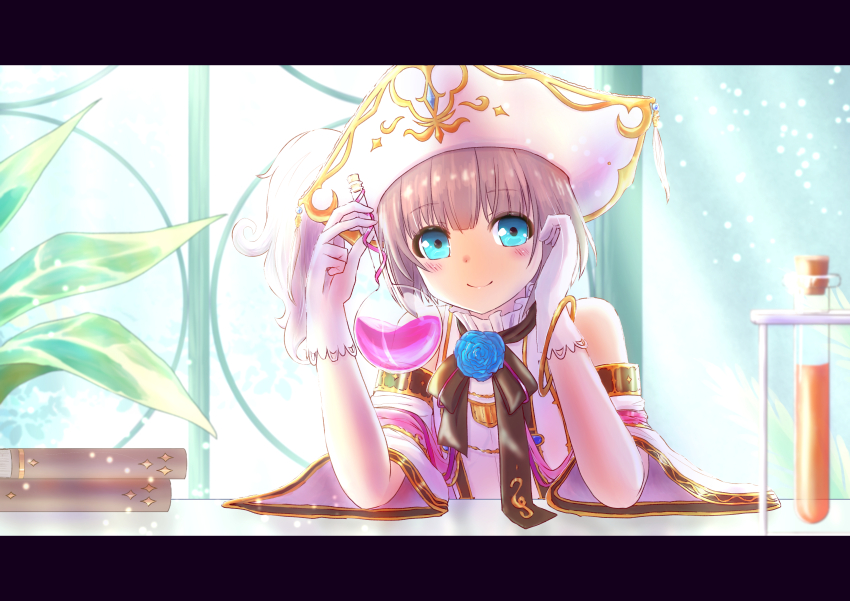 1girl absurdres bare_shoulders black_ribbon blue_flower blue_rose brown_hair flask flat_chest flower gloves green_eyes hand_on_own_cheek hand_on_own_face hat highres iris_mysteria! janenbokumeetu looking_at_viewer plant porin_von_heilbronn potted_plant ribbon rose test_tube white_gloves white_hat wide_sleeves