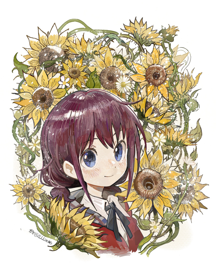 1girl absurdres artist_name black_ribbon blue_eyes closed_mouth commentary_request cropped_torso dot_nose flower girls_band_cry highres iseri_nina light_smile llllwewewe looking_at_viewer neck_ribbon red_hair ribbon solo sunflower white_flower yellow_flower