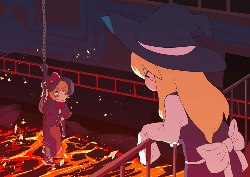 2girls absurdres apron back_bow black_capelet black_gloves black_hat black_skirt black_vest blonde_hair blue_eyes blush_stickers bow bowtie bright_pupils brown_apron capelet chain closed_mouth commentary_request cookie_(touhou) elbow_gloves expressionless full_body gloves hat hat_bow highres kirisame_marisa lava leftame long_hair looking_at_another meguru_(cookie) multiple_girls parody railing red_bow red_bowtie shirt skirt skirt_set sleeves_past_fingers sleeves_past_wrists terminator_(series) terminator_2:_judgment_day touhou vest waist_apron white_bow white_pupils white_shirt witch_hat yuuhi_(cookie)