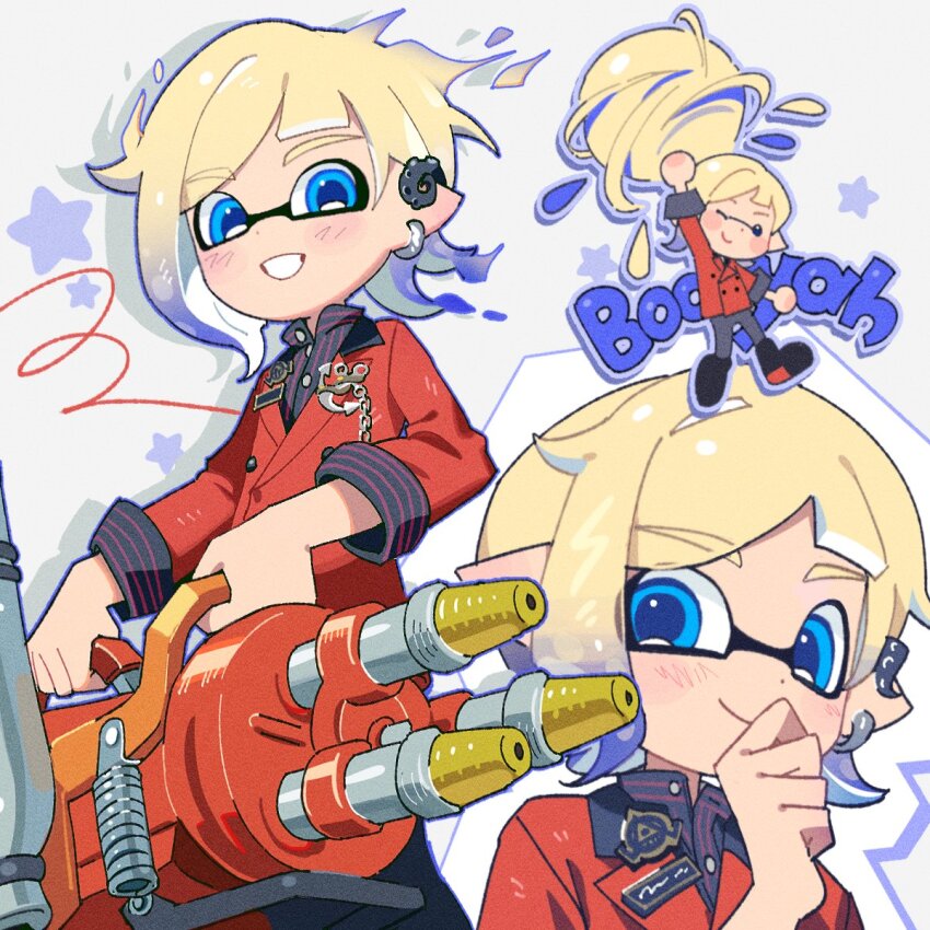 1boy black_shirt blonde_hair blue_eyes booyah_bomb_(splatoon) chibi chibi_inset clenched_hand closed_mouth collared_shirt commentary_request dress_shirt earclip gradient_hair grin hand_to_own_mouth hand_up hg_swdiary highres holding holding_weapon hydra_splatling_(splatoon) inkling inkling_boy inkling_player_character jacket korean_commentary looking_at_viewer male_focus multicolored_hair multiple_views nintendo one_eye_closed pointy_ears purple_hair red_jacket red_shirt shirt short_hair smile splatoon_(series) striped_clothes striped_shirt tentacle_hair two-tone_shirt weapon
