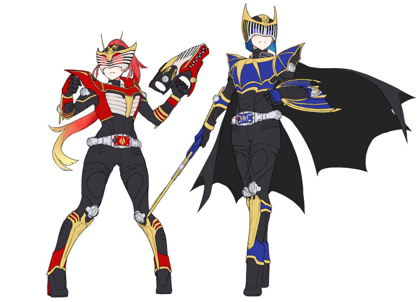 2girls arm_shield armor belt black_bodysuit black_cape blonde_hair blue_armor blue_eyes blue_hair bodysuit cape clenched_hand closed_mouth colored_inner_hair commentary dragvisorzwei eidenjyou1997 eye_mask full_body genderswap genderswap_(mtf) high_heels holding holding_sword holding_weapon kamen_rider kamen_rider_knight kamen_rider_knight_survive kamen_rider_ryuki kamen_rider_ryuki_(series) kamen_rider_ryuki_survive long_hair multicolored_hair multiple_girls red_armor red_eyes red_hair rider-tan rider_belt serious shield short_hair simple_background standing sword v_buckle very_long_hair weapon white_background