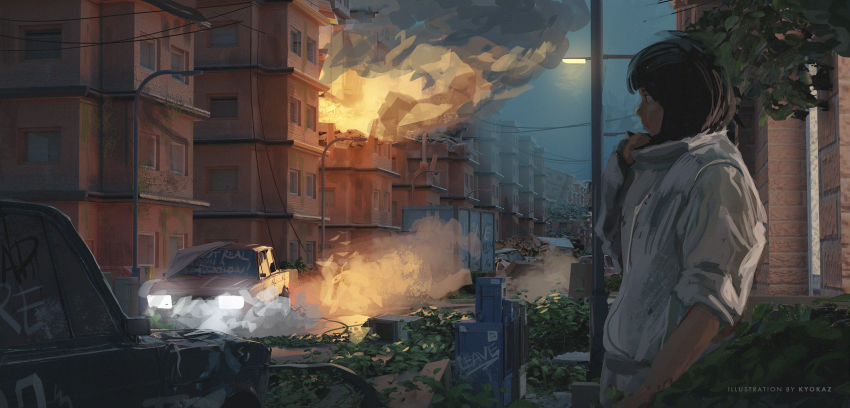 1girl artist_name blue_sky brown_hair building burning burning_building car closed_mouth commentary dusk english_text faiz_azhar fire hand_up highres jacket lamppost motor_vehicle original outdoors overgrown profile rubber_duck short_hair sky sleeve_rolled_up smoke solo upper_body white_jacket