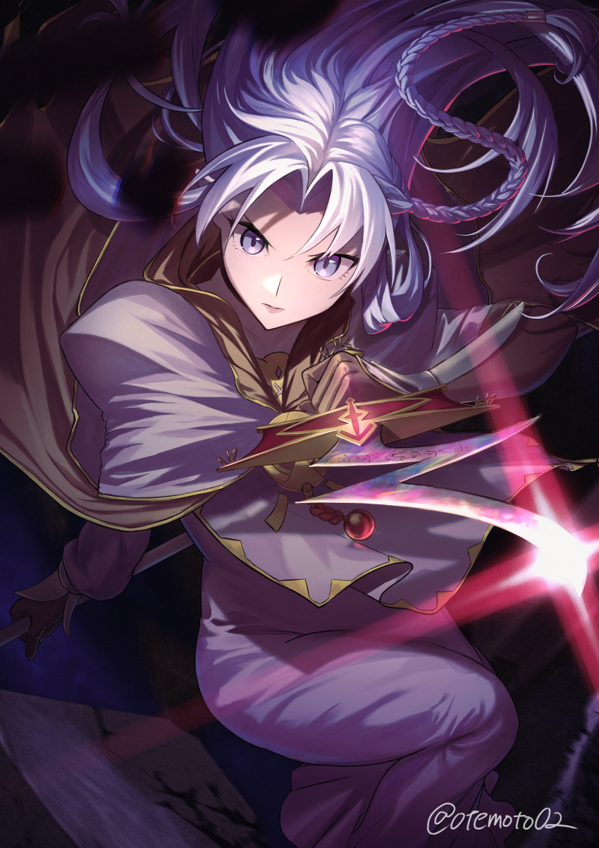 1girl absurdres blue_eyes blue_hair braid dress fate/stay_night fate_(series) highres holding holding_knife knife long_hair long_skirt looking_at_viewer medea_(caster)_(fate) medea_(fate) moto_(otemoto02) pointy_ears purple_dress robe rulebreaker side_braid skirt solo staff weapon